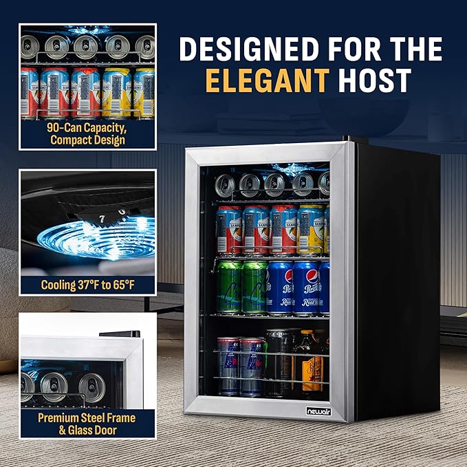 NewAir 90 Can Beverage Refrigerator | 17” Freestanding Small Mini Fridge for Bedroom, Home Bar or Office | Quiet Compressor Cooling & Adjustable Shelves | Stainless Steel