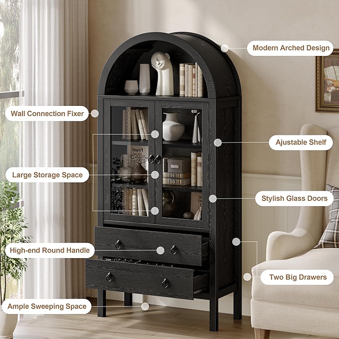 71'' Tall Arched Cabinet, Arched Kitchen Pantry Cabinet with Doors, Wood Arch Storage Cabinets Bookcase with 2 Large Drawers and Adjustable Shelves, Versatile Cupboard for Living Room, Black