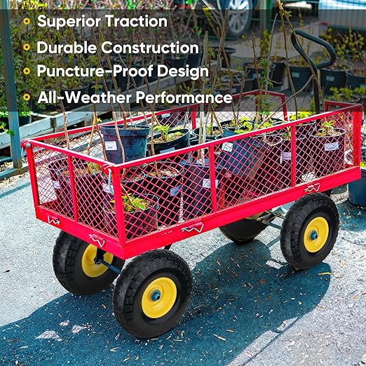TICONN 4.00-6 Tire and Wheel Flat Free, 4 Pack 13" Solid Tires with 5/8" Axle Bore Hole and Double Sealed Bearings, Perfect for Wheelbarrow, Garden Cart, Wagon, Dolly (Yellow, 4PK)
