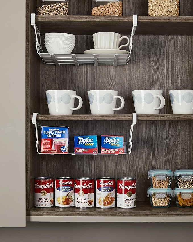 Under Shelf Basket, 4 Pack Under Cabinet Shelf Basket Organizer, Hanging Wire Storage Baskets, Slide-in, Add-on Space Saving for Kitchen Pantry Desk Bookshelf Laundry Room, White