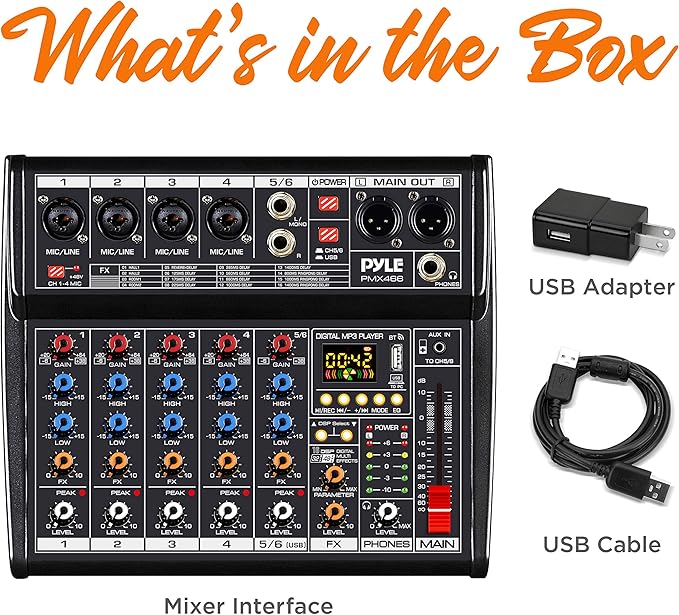 Pyle Professional Bluetooth DJ Audio Mixer - 6-Channel DJ Controller Sound Mixer w/DSP 16 Preset Effects, USB Interface, 4 XLR Mic/Line Input, AUX, FX Processor MP3 Player, Headphone Jack - PMX466