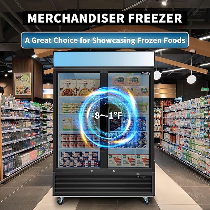 Glass Door Merchandiser Freezer 44.7 Cu.ft Swing Door Commercial Reach-In Display Freezers with LED Top Panel Upright Freeze Storage (2 Door)