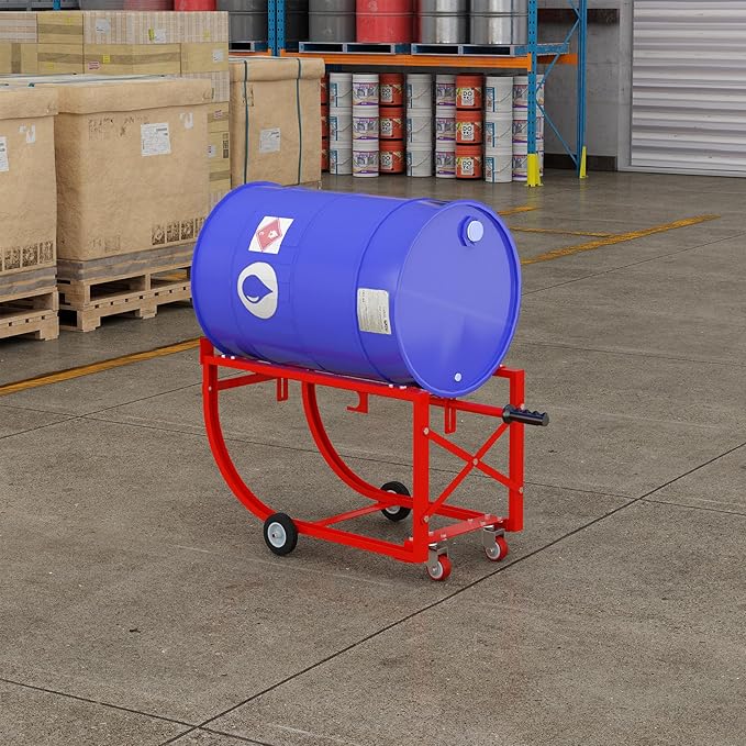 55 Gallon Drum Cradle, 600 lbs Capacity Steel Drum Dolly with Wheels, Drum Rack with Retractable Dump Bar, Movable Drum Handling Cradle for Factory, Workshop, Garage, Warehouse, Red