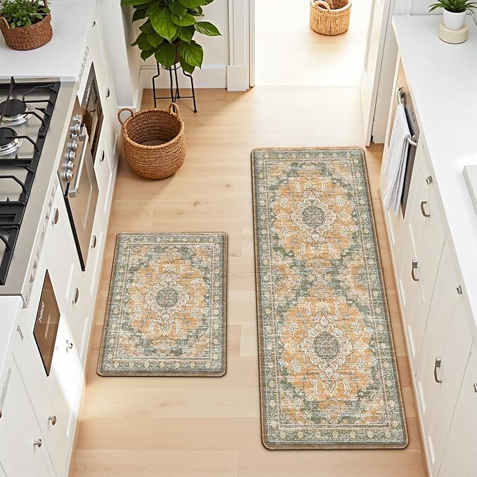 Boho Kitchen Mats for Floor 2 Piece Set Anti Fatigue Cushioned PVC Kitchen Rugs Non Slip Waterproof Farmhouse Mats 2/5 Inch Comfort Standing Mat for Sink, Laundry, 17.3"x47"+17.3"x28", Green Orange