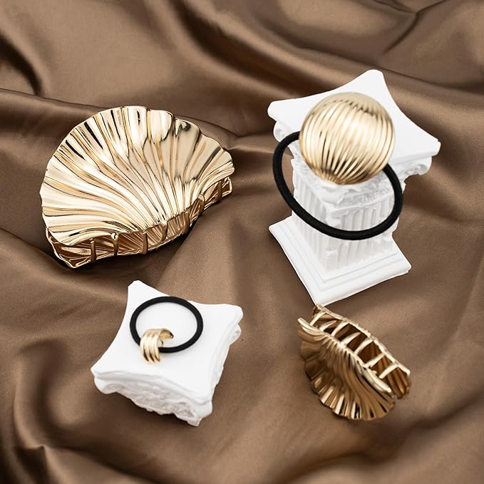 4PCS Gold Hair Set - 2 Metal Hair Ties + 2 Shell Hair Clips, Non-Damage Ponytail Holders & Decorative Hair Clips
