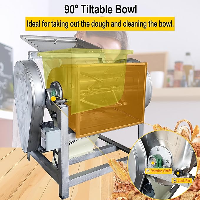 TECHTONGDA Commercial Dough Mixer, Electric Dough Kneading Machine, 110V Heavy Duty Stand Mixer with 50QT Kneading Capacity, 90 Degree Tilt, Ideal for Schools Restaurants