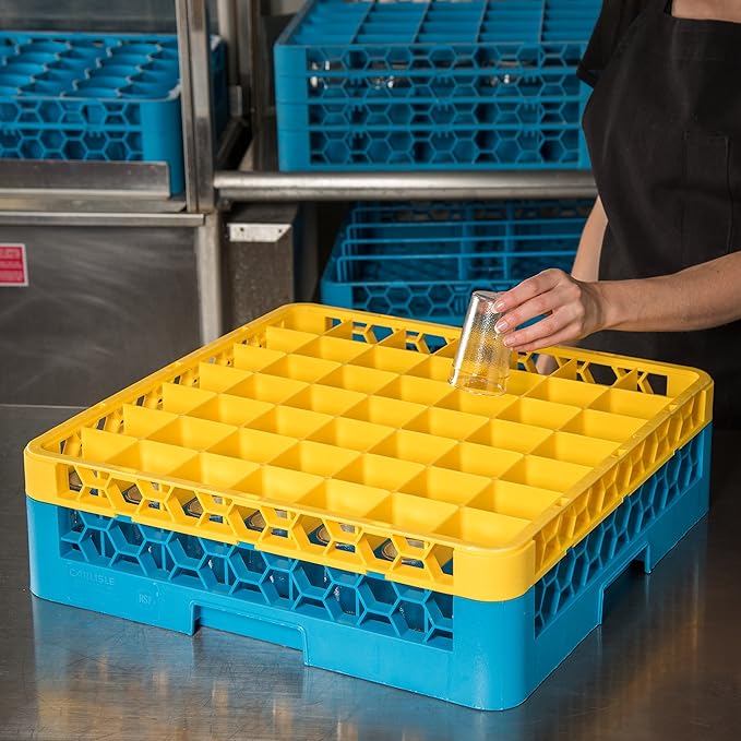 CFS RG49-1C411 OptiClean 49 Compartment Glass Rack with 1 Extender, 5.56", Polypropylene, Yellow/CFS Blue