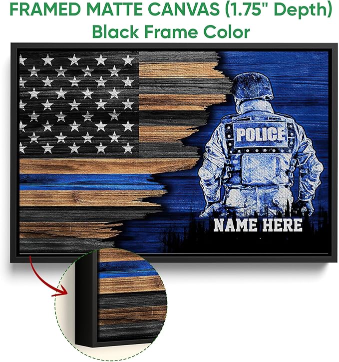 Custom Police Thin Blue Line American Flag Back The Blue Personalized Name Poster & Framed Canvas, Wall Art Home Office Decoration Living Room Bedroom Aesthetic Decor