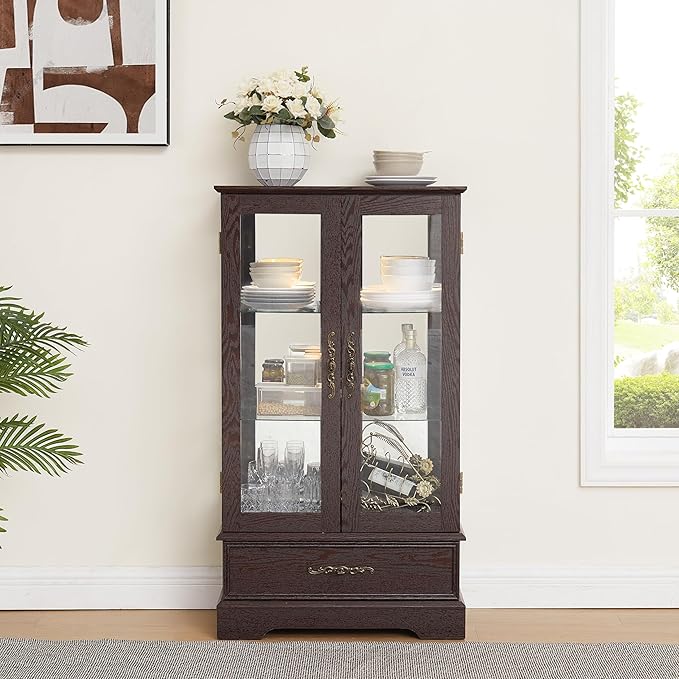 47" H Lighted Curio Cabinet Display Case, Glass Case with Adjustable Shelves,Tempered Glass Door and Drawer, Wooden Curio Cabinet with Mirrored Back Pane for Living Room (Dark Cherry)