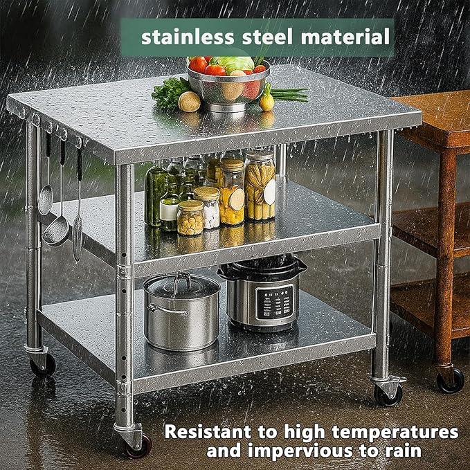 Stainless Steel Table with Wheels for Food Preparation and Work, Multi-Size Optional, Three-Layer Variable Two-Layer Metal Commercial Workbench Outdoor, Restaurant, Kitchen (36" Lx24 Wx34 H)
