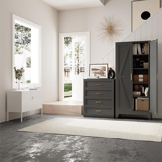 71" Tall Pantry Cabinet, White Metal Pantry Storage Cabinet, Kitchen Pantry Storage Cabinets with 2 Door and 4 Adjustable Shelves (Black, 71" H)