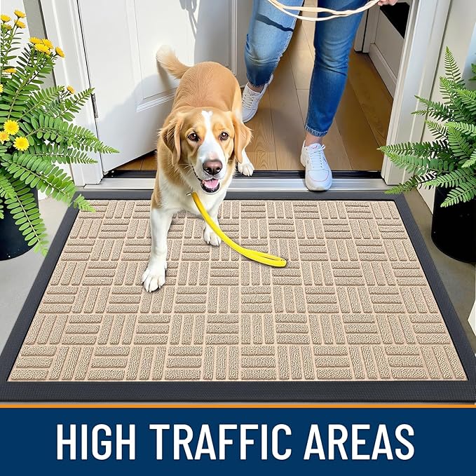 OLANLY Front Door Mat Outside Entrance 47x23, Absorbent, Heavy Duty Sturdy Natural Rubber Doormat Indoor Outdoor, Non-Slip, Stain and Fade Resistant, Low Profile Floor Mat for Entryway, Latte White