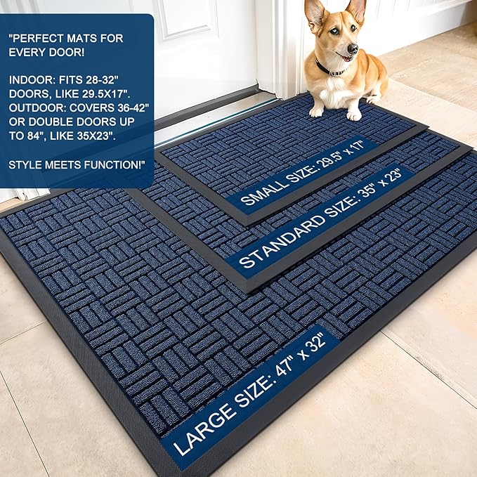 OLANLY Front Door Mat Outside Entrance 71x23, Absorbent, Heavy Duty Sturdy Natural Rubber Doormat Indoor Outdoor, Non-Slip, Stain and Fade Resistant, Low Profile Floor Mat for Entryway, Navy Blue