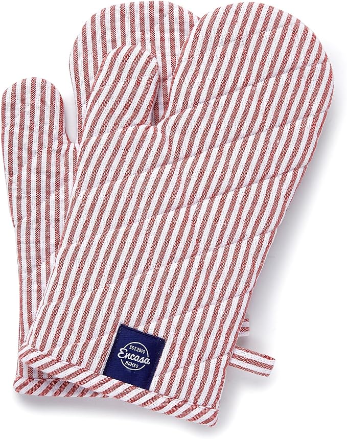 Encasa XO Long 12"x7" Oven Microwave Hand Gloves Mitts (2 pc Set) for Kitchen Cooking & Baking - Heat Resistant, Thick & Safe, Protection of Hands from Hot Utensils - Ticking Red