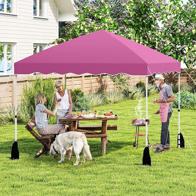 Tangkula 10x10 FT Pop Up Canopy, UPF50+ Easy Set up Instant Tent with Wheeled Bag, 8 Stakes, 4 Anchors, 4 Wind Ropes, 4 Sandbags, Heavy Duty Outdoor Canopy Tent 10x10 for Patio Party Backyard (Pink)