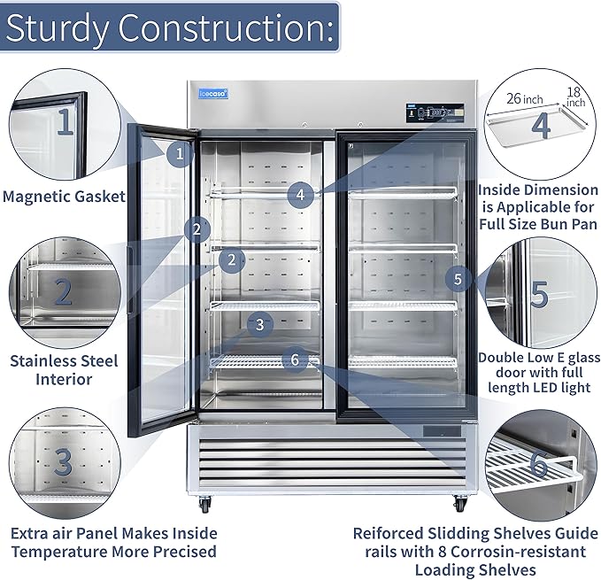 ICECASA 54" W Commercial Display Refrigerator 2 Glass Door Merchandiser Reach-in 49 Cu.ft Stainless Steel Display Refrigerator Fan Cooling for Restuarant, Bar, Shop, etc