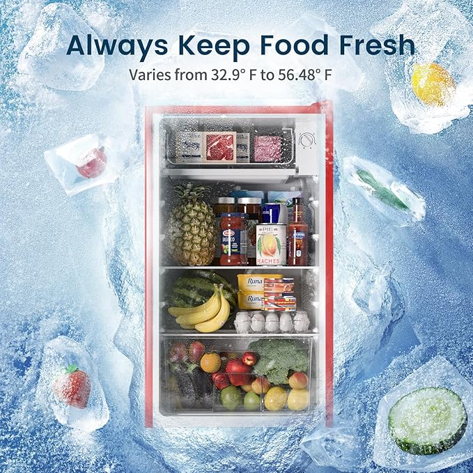 BANGSON Mini Fridge with Freezer, 3.2Cu.Ft, Single Door Small Refrigerator, Energy-efficient, Low Noise, Mini fridge for Bedroom Dorm and Office, Red