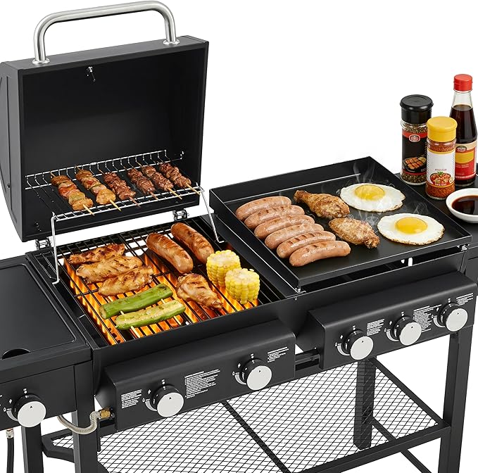 5 Burner Propane Gas Grill with Grilling & Griddling, 56,000 BTU Gas Grill with Side Burner, BBQ Grill with Stainless Steel Frame, 745 Sq In Cooking Area for Patio Backyard, Patio