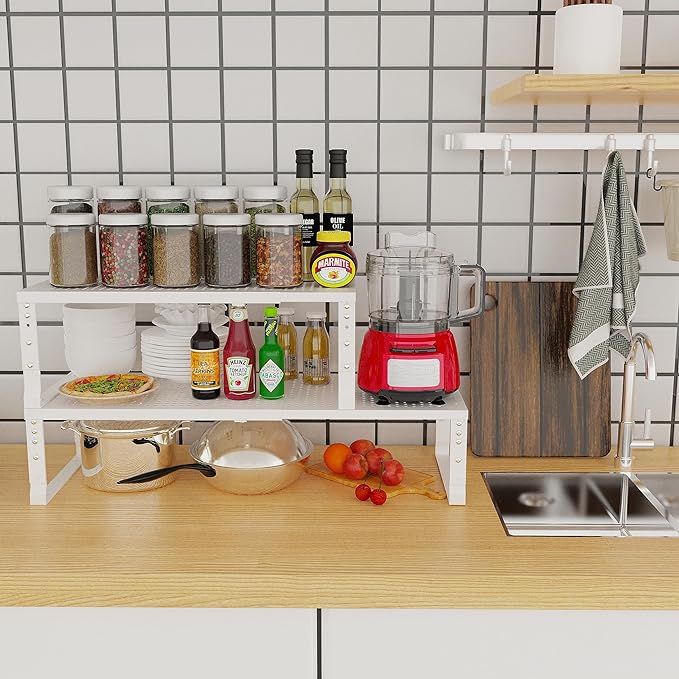 Expandable Adjustable Stackable Kitchen Organizer, Spice Rack,Metal Pantry Storage Shelves Racks,Counter Shelf for Cabinets, Countertop, Cupboard (3 Packs/Medium/White)