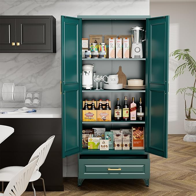 75" Tall Metal Storage Cabinet, Kitchen Pantry Storage Cabinets with Doors and 3 Shelves, Food Pantry Cabinet with Drawer, Utility Kitchen Cupboard, Large Steel Cabinets for Dining, Green