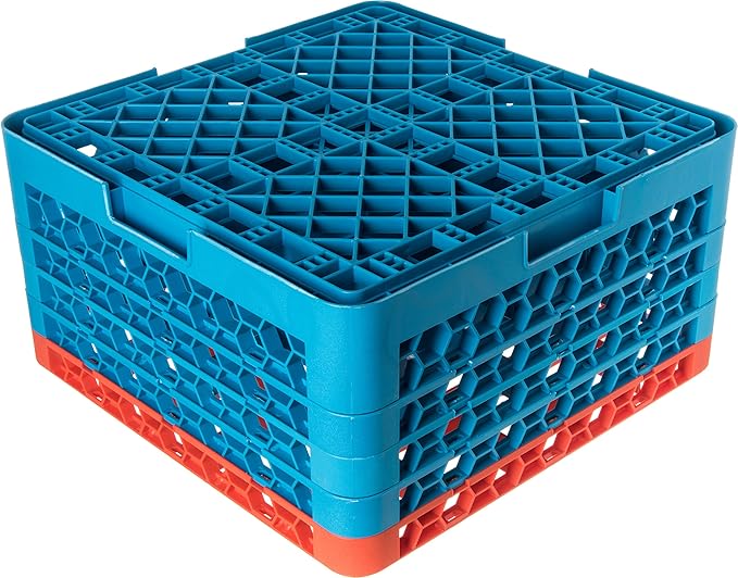 CFS RG25-4C412 OptiClean 25 Compartment Glass Rack with 4 Extenders, 10.3", Polypropylene, Orange/CFS Blue