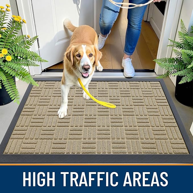 OLANLY Front Door Mat Outside Entrance 59x34, Absorbent, Heavy Duty Sturdy Natural Rubber Doormat Indoor Outdoor, Stain and Fade Resistant, Non-Slip Backing Low Profile Floor Mat for Entryway, Beige