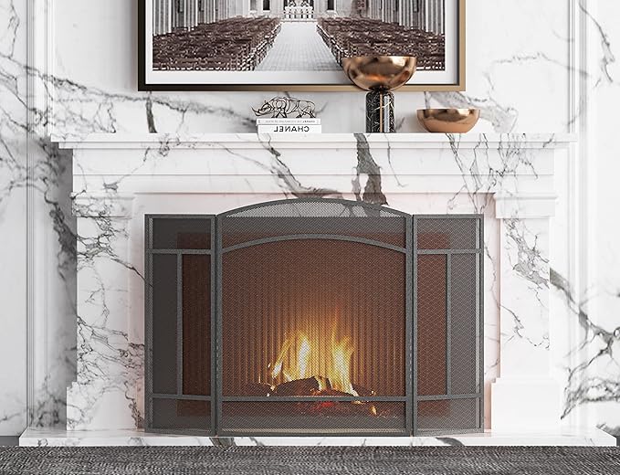 Fire Beauty Fireplace Screen 3 Panel Wrought Iron 48"(L) x 29"(H) Spark Guard Cover(Pewter)