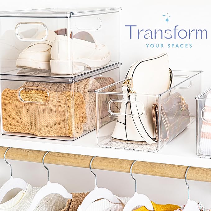 Plastic Food Storage 4 Pack Clear Container Bin with Handles for Organizing Kitchen, Pantry, Refrigerator, Freezer, Pantry, Cabinet, Closet, Bathroom. 16”x6”x5”