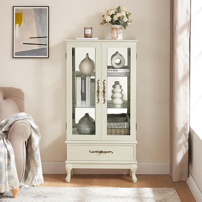 51" H Lighted Curio Cabinet Display Case, Glass Curio Cabinet with Adjustable Shelves,Tempered Glass Door and Drawer, Wooden Cabinets w/Mirrored Back Pane for Living Room (Antique White)