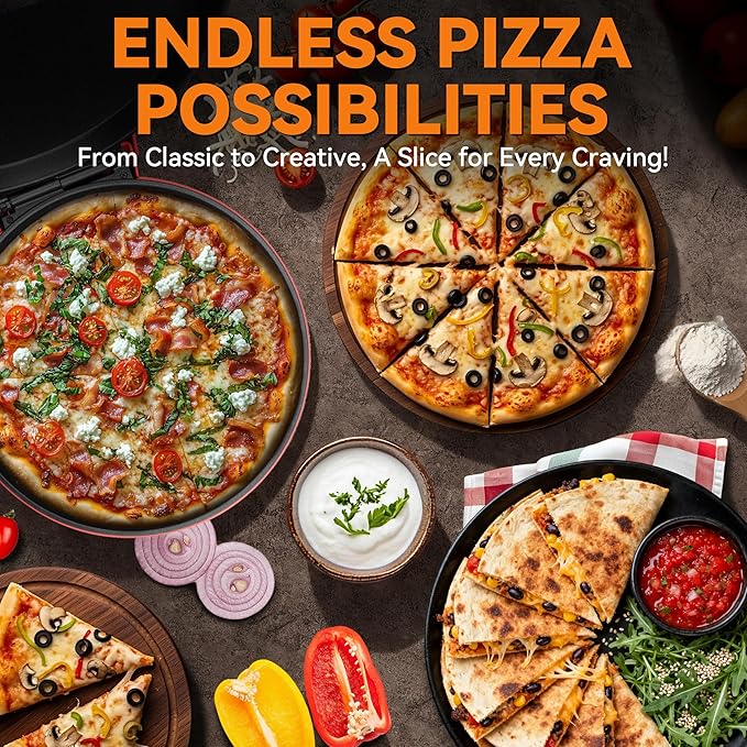 Baker’s Friend Countertop Pizza Maker Electric, 12 Inch Pizza Maker Machine for Home, Quesadilla Maker, Non-stick Cooking Plates, Horno Para Pizza, 1400W, Red