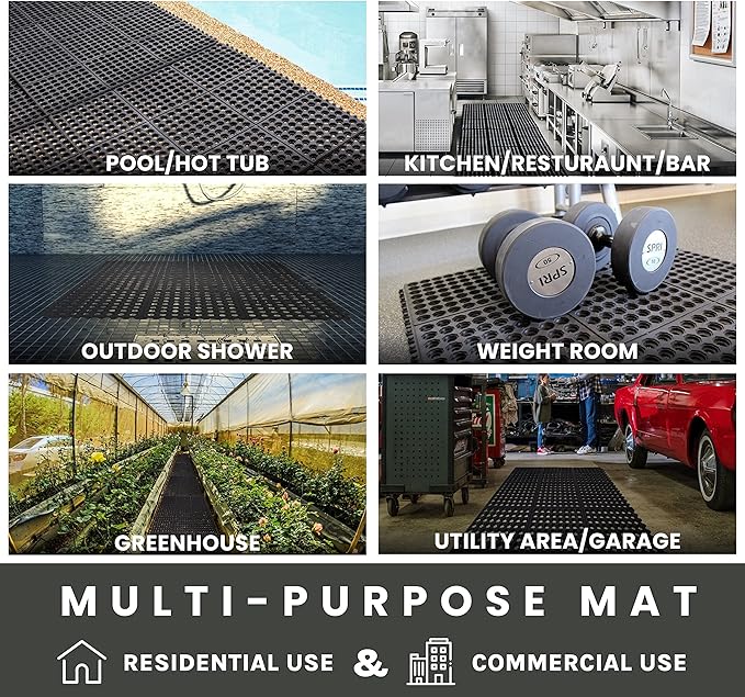 Envelor Interlocking Rubber Floor Mat Restaurant Kitchen Mat Commercial Entrance Door Mat Durable Non-Slip Bar Mat Utility Drainage Mat Indoor Outdoor Wet Areas 3' x 3' - Pack of 4