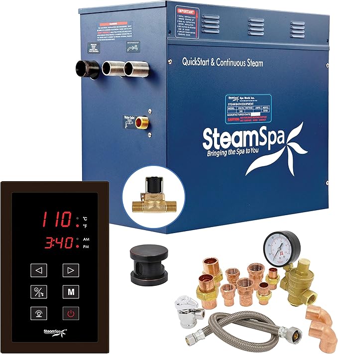 SteamSpa 12kW Steam Sauna Generator Premium Bundle 240V Steam Generator with Touch Pad Control, Steamheads, Pressure Relief Valve, Built-in Auto Drain and Plumber Quick Install Kit PRT1200OB-A