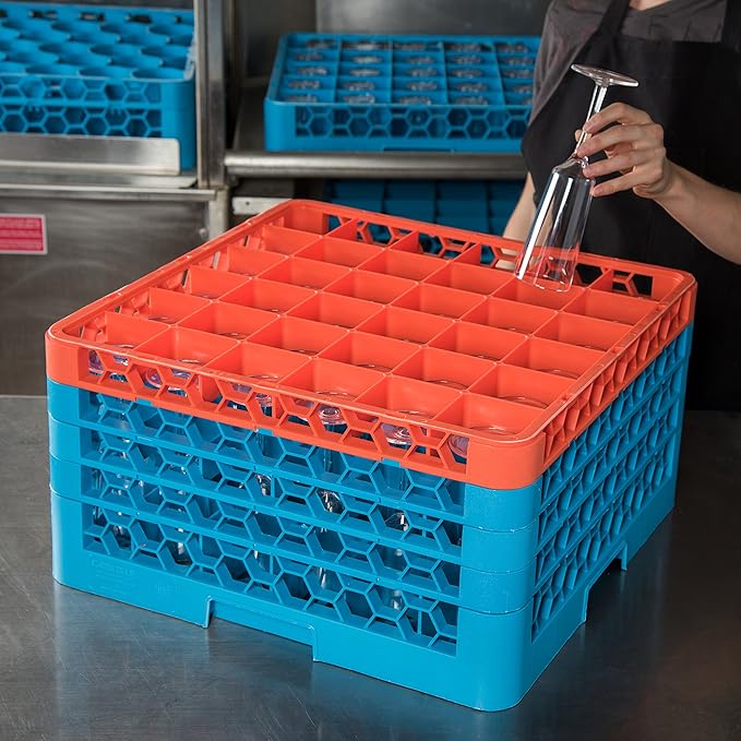 CFS RG36-4C412 OptiClean 36 Compartment Glass Rack with 4 Extenders, 10.3", Polypropylene, Orange/CFS Blue