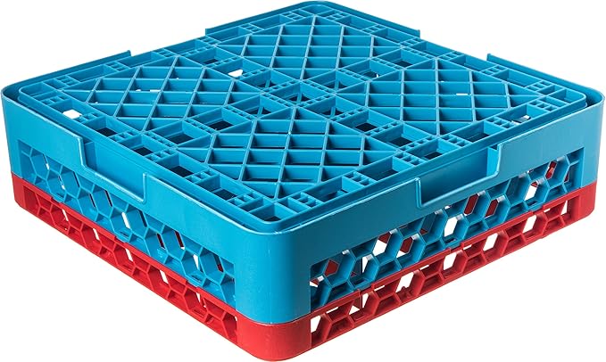 CFS RG16-1C410 OptiClean 16 Compartment Glass Rack with 1 Extender, 5.56", Polypropylene, Red/CFS Blue