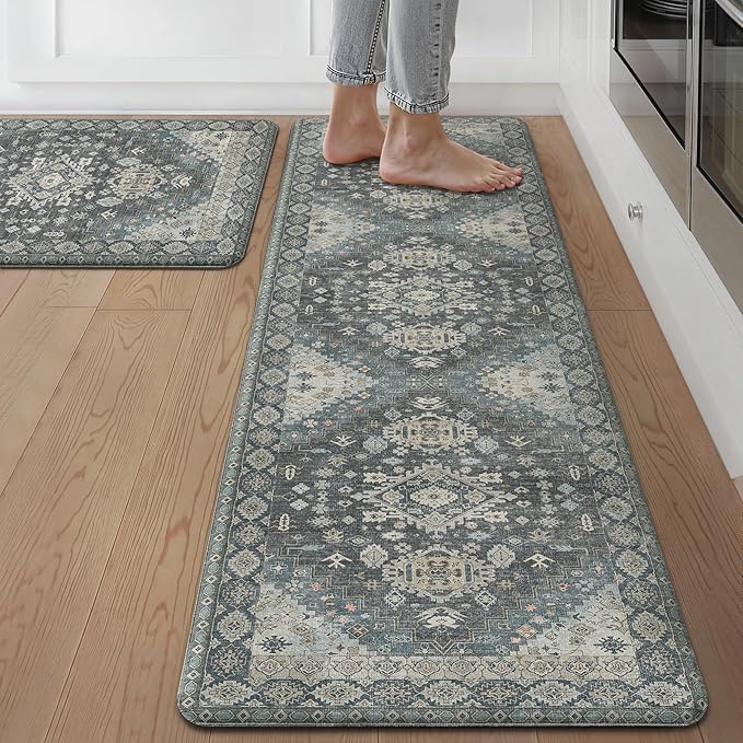 GENIMO Kitchen Mats for Floor, 2PCS Kitchen Rugs Non Slip Washable, Waterproof Anti Fatigue Mat, Comfort Standing Runner Rug for Sink, Office, Laundry, Home, 17.3"x59"+17.3"x30", Slate Blue