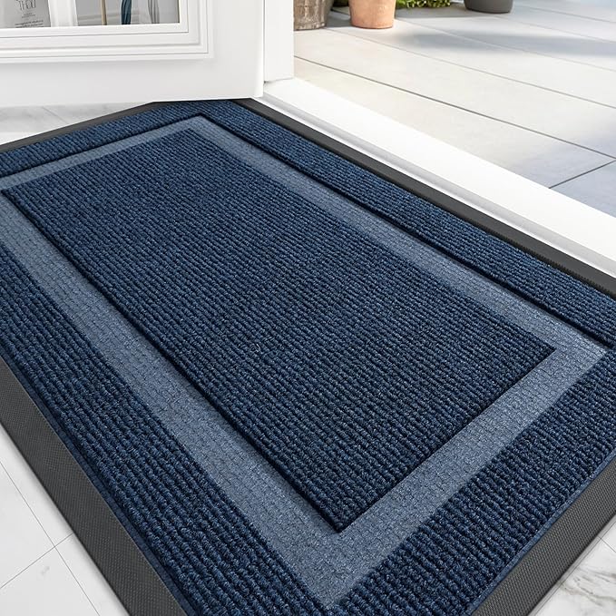 OLANLY Front Door Mat Indoor Outdoor Entrance, Waterproof All-Season, All-Weather Doormat, Sturdy Natural Rubber, Fade Resistant, Low Profile, Easy Clean Patio Porch Entryway Mat, 59x40, Blue