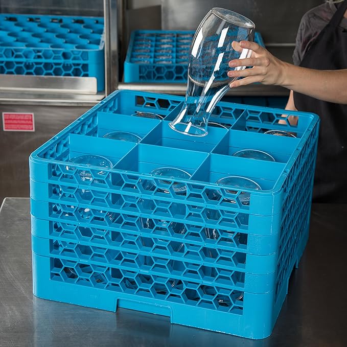 CFS RG9-514 OptiClean 9 Compartment Glass Rack with 5 Extenders, 11.9", Blue, Polypropylene, Blue