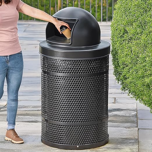 55 Gallon Perforated Recycle Container with Plastic Dome Lid, Steel Outdoor Heavy-Duty Commercial Trash Can, Black Round Waste Bin, Durable Garbage Can for Municipalities, Schools, Parks, Parking