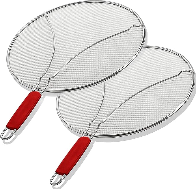 ALPHA LIVING 2 Pack Splatter Guard for Frying Pan & Food Strainer and Universal Cookware 13" - Stops Hot Oil Splash - RED Handle - Splatter Screen for Cooking - Alpha Living