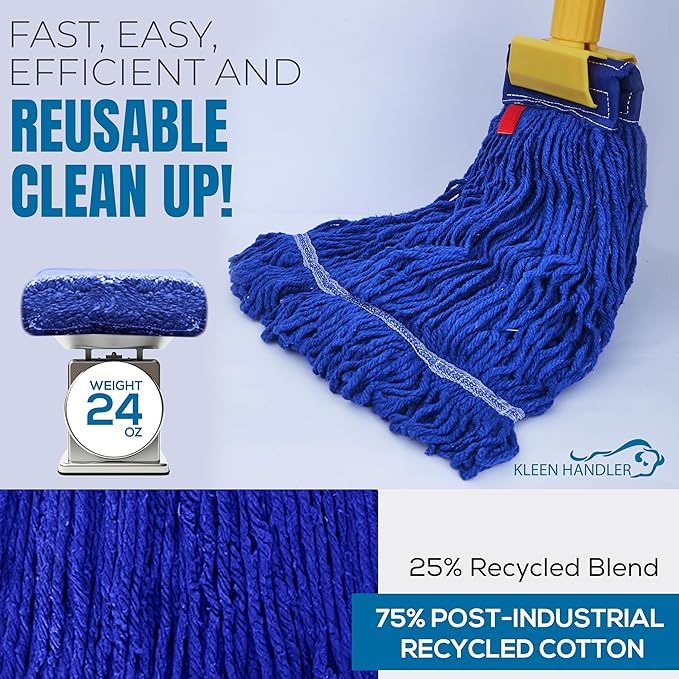KLEEN HANDLER Blended Loop End Heavy Duty Mop Head Replacement, Wet Mop Refills for Industrial and Commercial Use, Dark Blue, 24 Oz (24-Pack)
