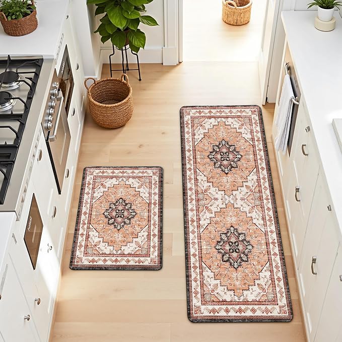 Boho Kitchen Mats for Floor 2 Piece Set Anti Fatigue Cushioned PVC Kitchen Rugs Non Slip Waterproof Farmhouse Mats 2/5 Inch Comfort Standing Mat for Sink, Laundry, 17.3"x47"+17.3"x28", Orange
