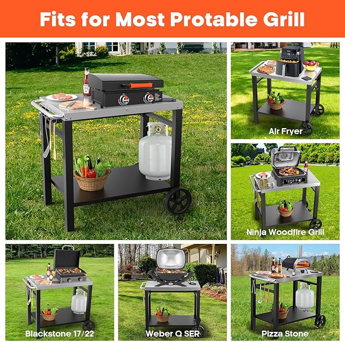 Double-Shelves Stainless Steel Flattop Grill Cart, Movable Kitchen Indoor & Outdoor Cooking Station, Fits Ninja/Ooni/Blackstone/Weber Q, Pizza Oven Food Prep Table for Party, 33.5"×21"
