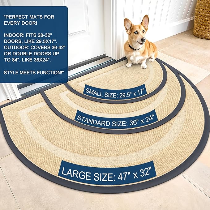 OLANLY Half Circle Door Mat Indoor Outdoor Entrance Welcome, Waterproof All-Season, All-Weather Doormat, Sturdy Natural Rubber, Low Profile, Easy Clean Patio Porch Entryway Mat, 59x34, Beige