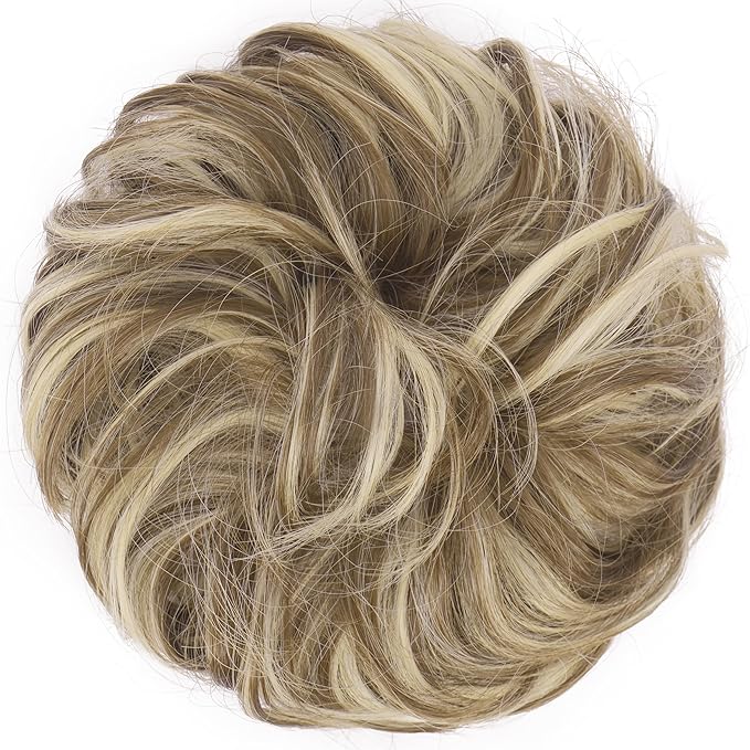 FESHFEN Large Messy Bun Hair Piece - Wavy Synthetic Chignon Scrunchies Elastic Ponytail Hair Extensions Thick Hairpieces for Women, Brunette & Blonde 1.94oz