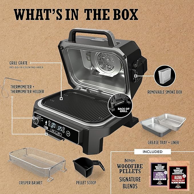Ninja | Grill & Smoker | Outdoor Woodfire Pro XL | 4 in 1 Grill, BBQ Smoker, Air Fryer & Bake | Portable | Includes Built in Thermometer & 2 Woodfire Pellet Packs | Dark Grey | OG850