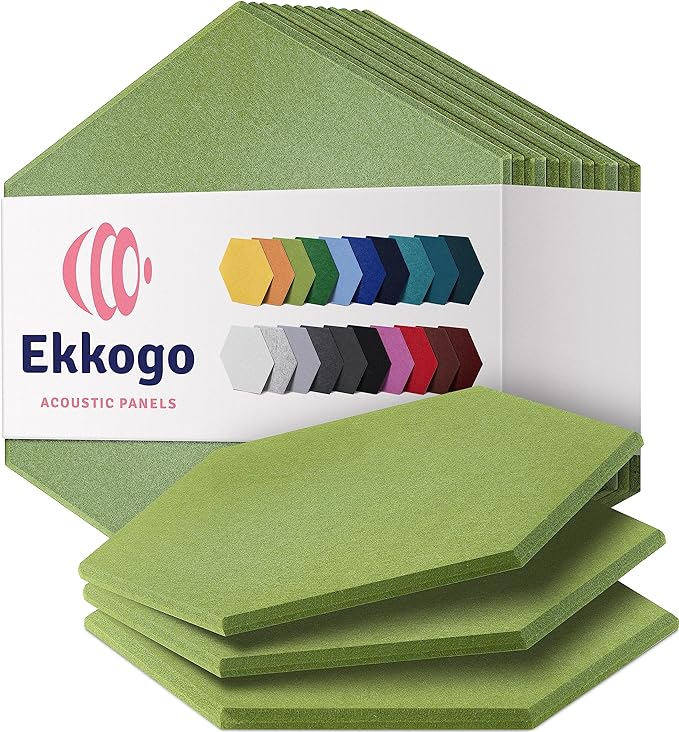 Acoustic Panels 12-Pack - 12"X10.4"X0.4" Soundproof Wall Panels - High Density Sound Dampening - Gin Green Hexagon