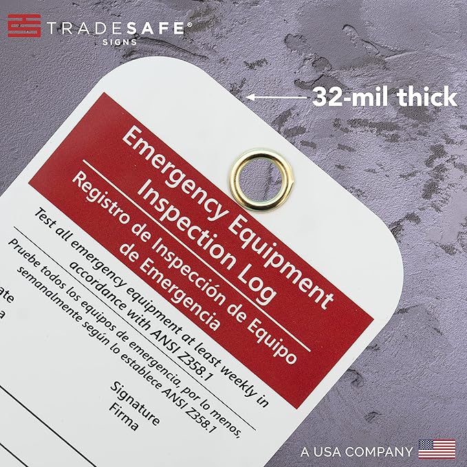 TRADESAFE Bilingual Emergency Equipment Inspection Log, Inspección de Equipo de Emergencia - 30 Eye Wash Station Inspection Tags with 30 Zip Ties, Durable 32 mil Vinyl Safety Inspection Tags