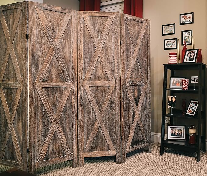 Premium Home 4-Panel Room Divider – Rustic Brown Barn Door, X Pattern Folding Privacy Screen, Partition Wall