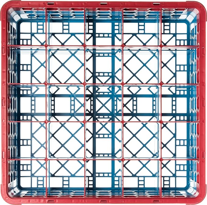 CFS RG25-2C410 OptiClean 25 Compartment Glass Rack with 2 Extenders, 7.12", Polypropylene, Red/CFS Blue